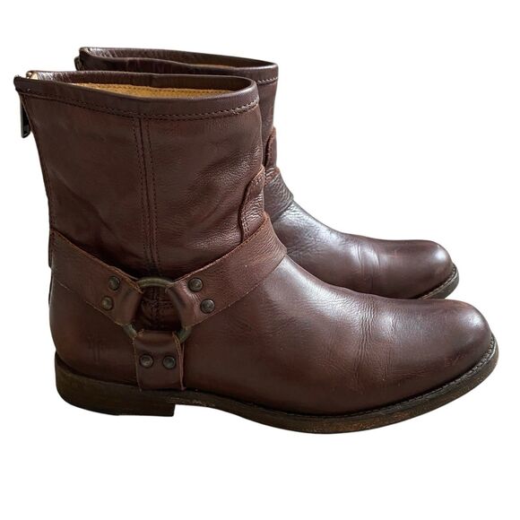 Frye Philip Ankle Boots 8 EU 38.5 Brown Leather Harness Zipped Equestrian Biker